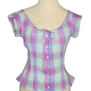 Rare Vintage Levi Strauss Plaid Hippie Tie Neck Fitted Shirt Med 70s/80s Top